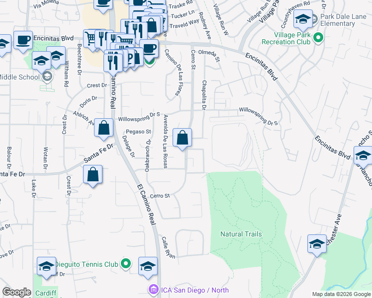 map of restaurants, bars, coffee shops, grocery stores, and more near Cerro St & Landquist Dr in Encinitas