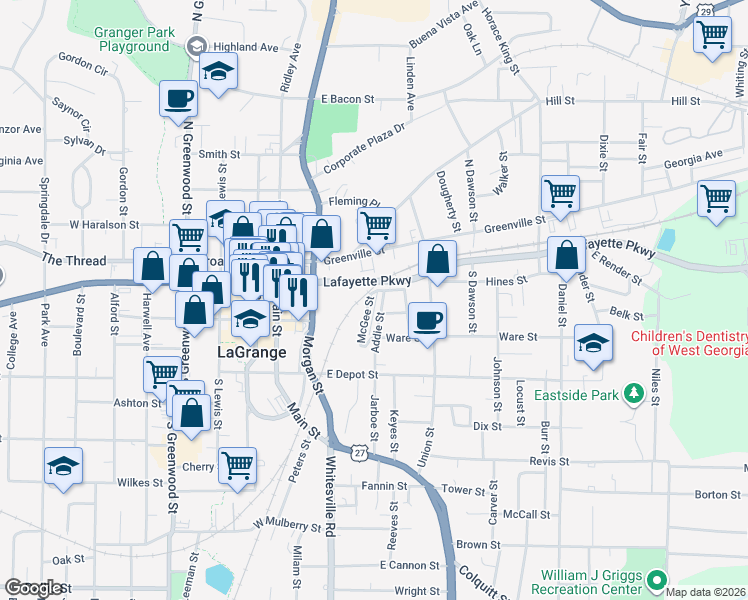 map of restaurants, bars, coffee shops, grocery stores, and more near 108 McGee Street in LaGrange