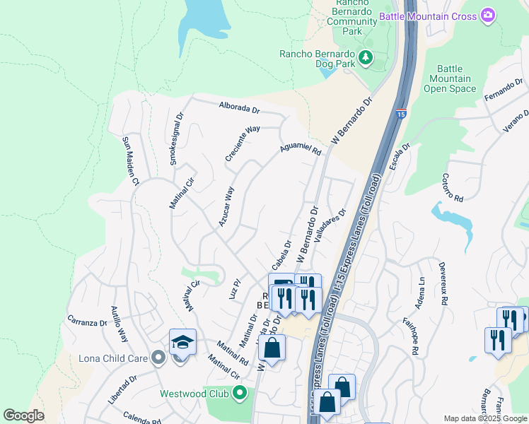 map of restaurants, bars, coffee shops, grocery stores, and more near 17877 Corazon Place in San Diego