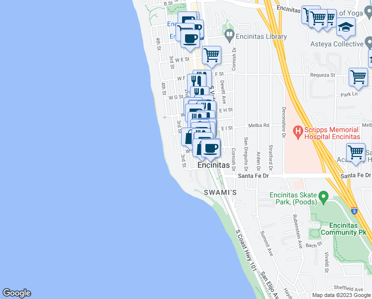 map of restaurants, bars, coffee shops, grocery stores, and more near 222 West J Street in Encinitas