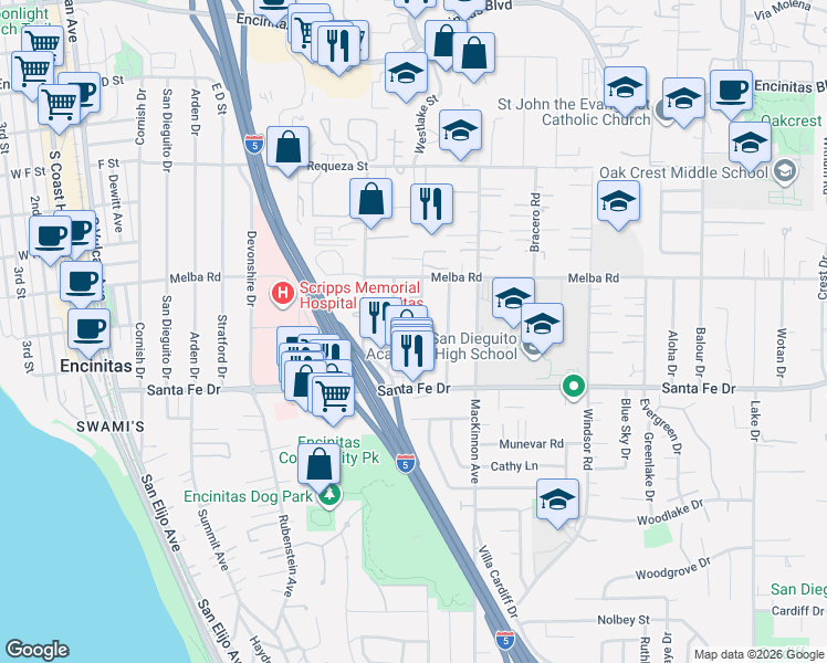 map of restaurants, bars, coffee shops, grocery stores, and more near 1121 Gardena Road in Encinitas
