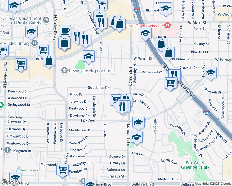 map of restaurants, bars, coffee shops, grocery stores, and more near 444 Price Drive in Lewisville