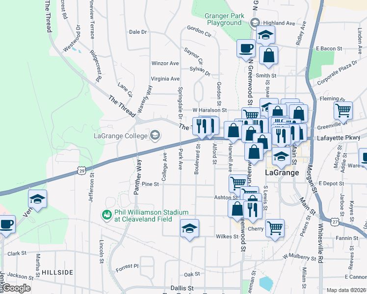 map of restaurants, bars, coffee shops, grocery stores, and more near 207 Park Avenue in LaGrange