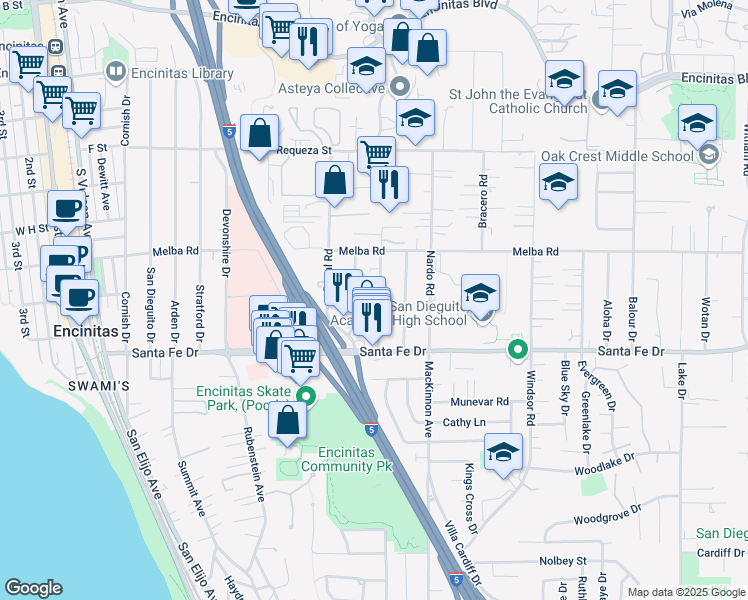 map of restaurants, bars, coffee shops, grocery stores, and more near 1121 Gardena Road in Encinitas