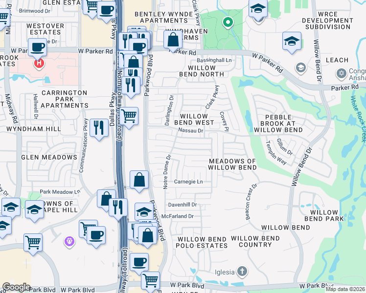 map of restaurants, bars, coffee shops, grocery stores, and more near 5928 Glendower Lane in Plano
