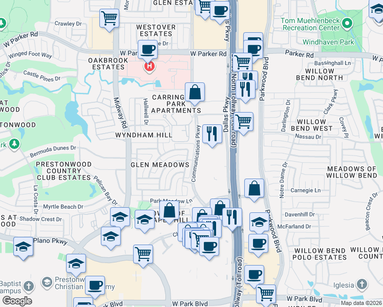 map of restaurants, bars, coffee shops, grocery stores, and more near 2704 Meadow Hills Lane in Plano