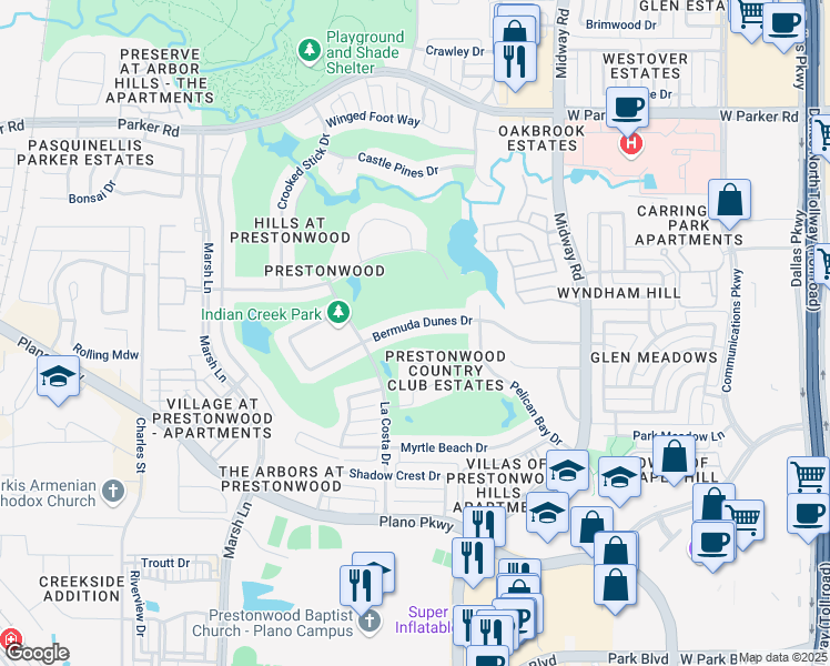 map of restaurants, bars, coffee shops, grocery stores, and more near 6621 Muirfield Circle in Plano
