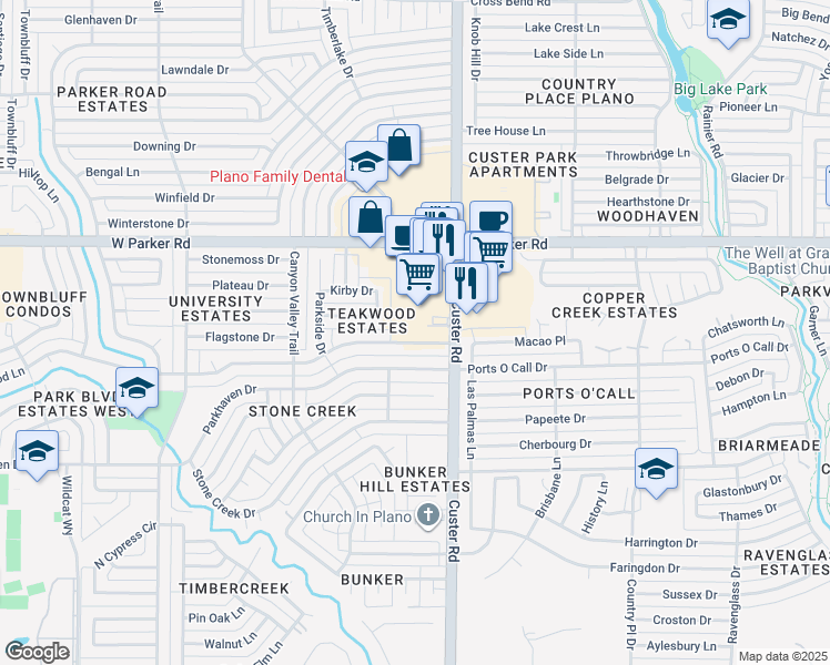 map of restaurants, bars, coffee shops, grocery stores, and more near 2118 Teakwood Lane in Plano