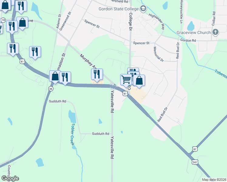 map of restaurants, bars, coffee shops, grocery stores, and more near 133 Yatesville Road in Barnesville