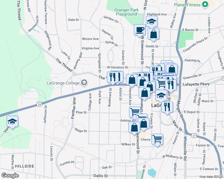 map of restaurants, bars, coffee shops, grocery stores, and more near 111 Boulevard Street in LaGrange