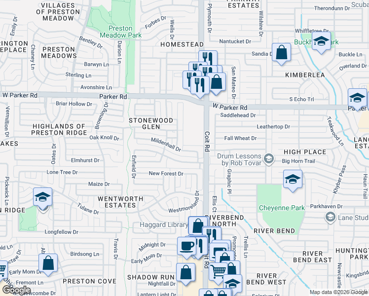 map of restaurants, bars, coffee shops, grocery stores, and more near 4033 Saltburn Drive in Plano