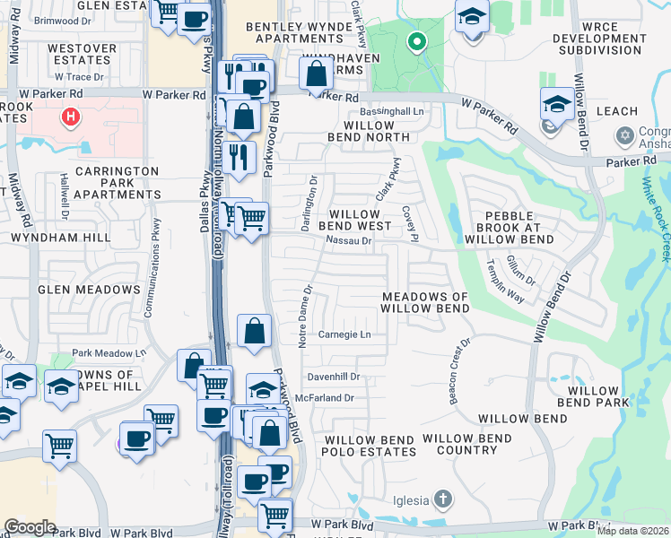 map of restaurants, bars, coffee shops, grocery stores, and more near 5928 Glendower Lane in Plano
