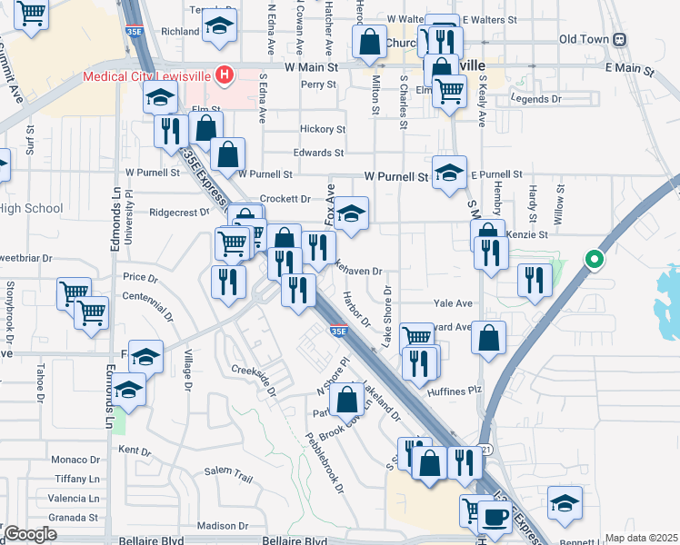 map of restaurants, bars, coffee shops, grocery stores, and more near 820 Harbor Drive in Lewisville