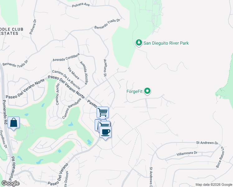 map of restaurants, bars, coffee shops, grocery stores, and more near 18333 Aceituno Street in San Diego