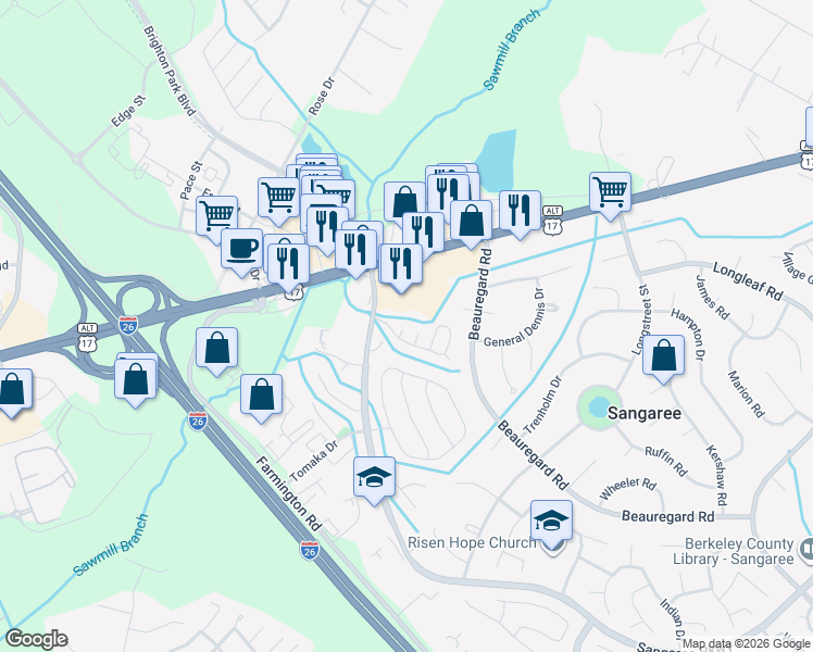 map of restaurants, bars, coffee shops, grocery stores, and more near 105 White Water Court in Summerville