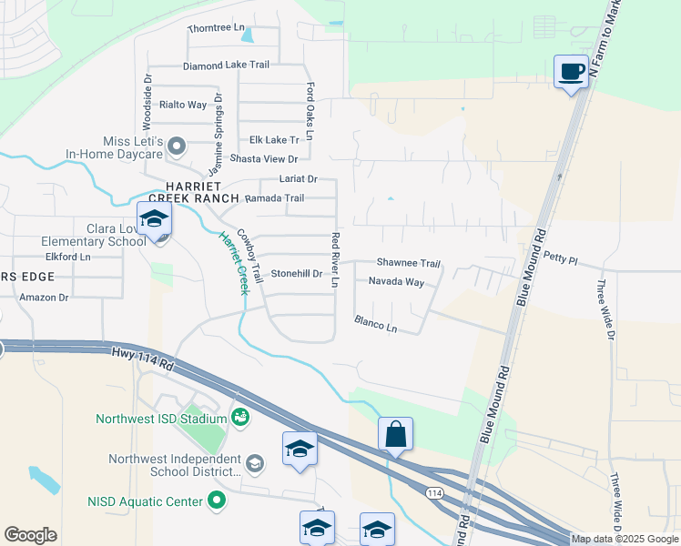 map of restaurants, bars, coffee shops, grocery stores, and more near 16268 Red River Lane in Justin