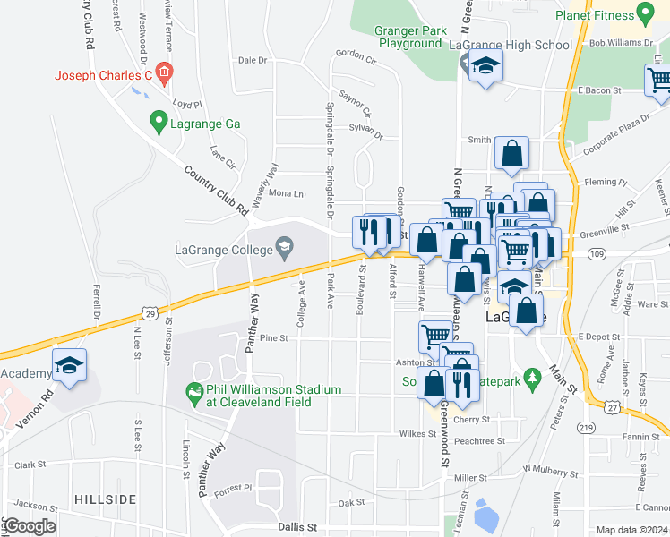 map of restaurants, bars, coffee shops, grocery stores, and more near 609 Vernon Street in LaGrange