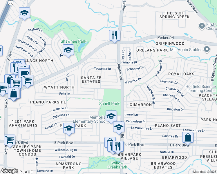map of restaurants, bars, coffee shops, grocery stores, and more near 2300 Laurel Lane in Plano