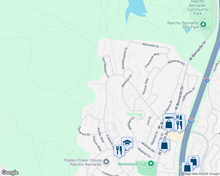 map of restaurants, bars, coffee shops, grocery stores, and more near 17923 Pueblo Vista Lane in San Diego