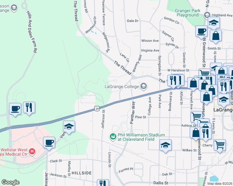map of restaurants, bars, coffee shops, grocery stores, and more near 1102 Vernon Street in LaGrange