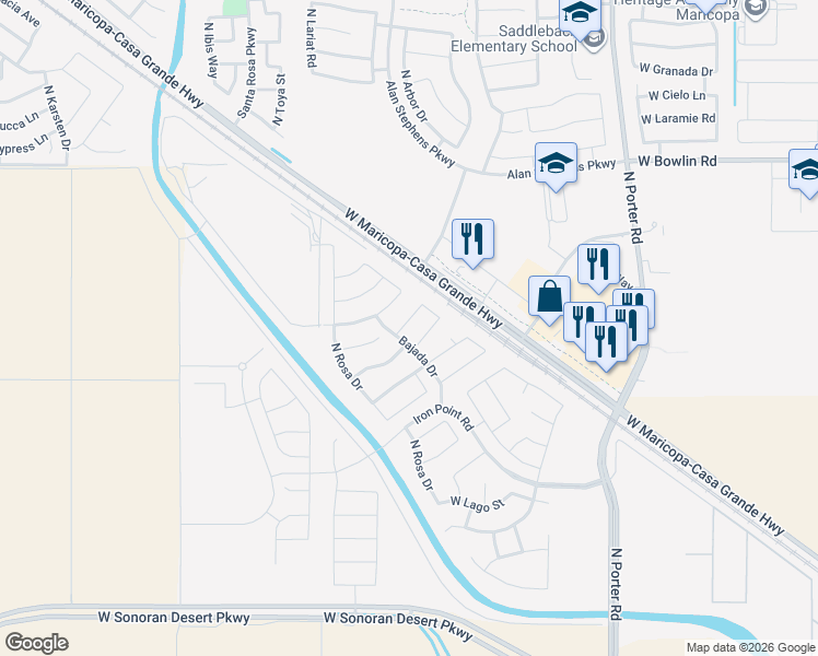 map of restaurants, bars, coffee shops, grocery stores, and more near 42230 West Noreen Road in Maricopa