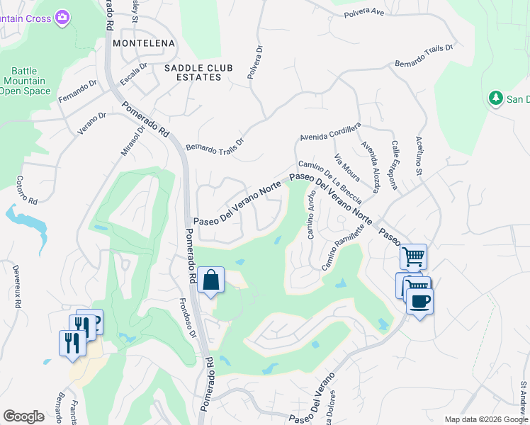 map of restaurants, bars, coffee shops, grocery stores, and more near 12867 Camino Emparrado in San Diego