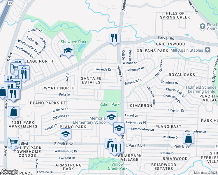 map of restaurants, bars, coffee shops, grocery stores, and more near 2300 Laurel Lane in Plano