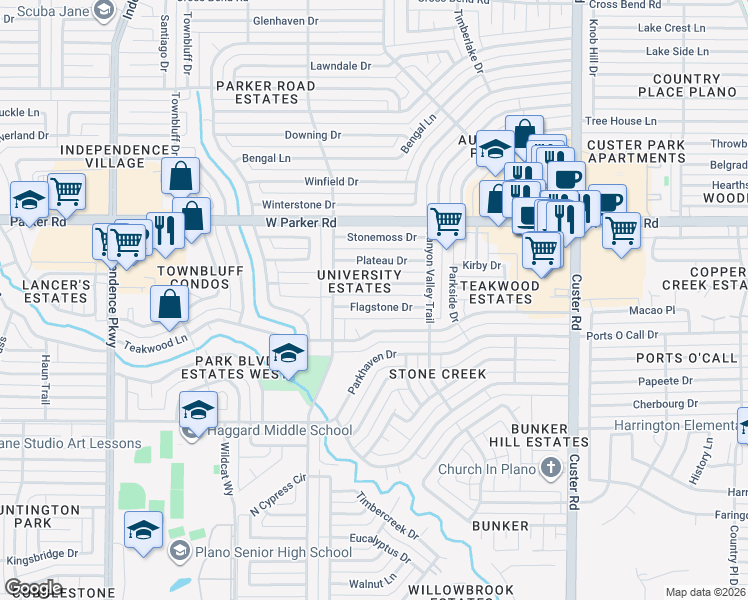 map of restaurants, bars, coffee shops, grocery stores, and more near 2904 Teakwood Circle in Plano