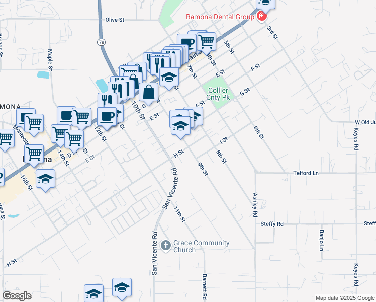 map of restaurants, bars, coffee shops, grocery stores, and more near 902 H Street in Ramona