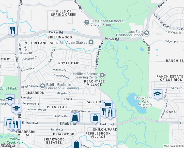 map of restaurants, bars, coffee shops, grocery stores, and more near 3016 Plumtree Lane in Plano