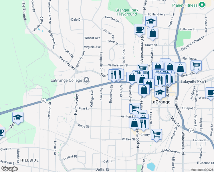 map of restaurants, bars, coffee shops, grocery stores, and more near 605 Vernon Street in LaGrange
