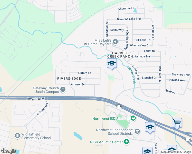 map of restaurants, bars, coffee shops, grocery stores, and more near 1453 Amazon Drive in Justin