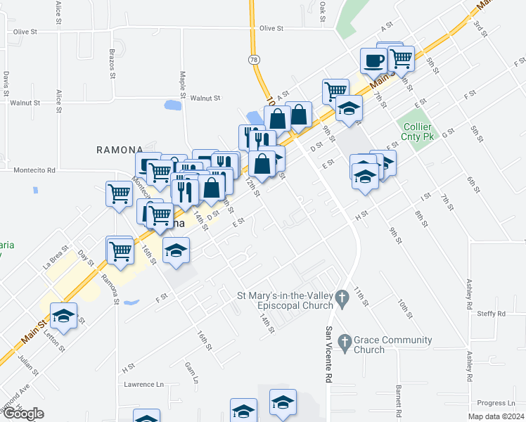 map of restaurants, bars, coffee shops, grocery stores, and more near 503 12th Street in Ramona
