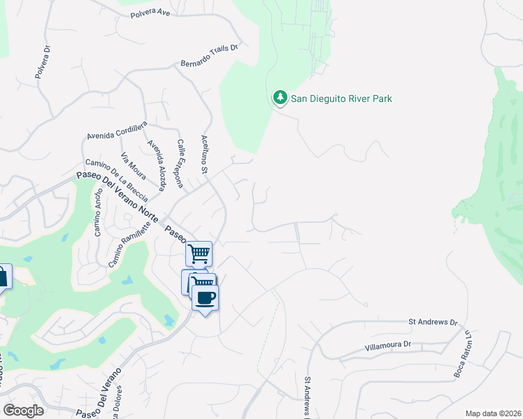 map of restaurants, bars, coffee shops, grocery stores, and more near 13310 Highlands Ranch Road in Poway