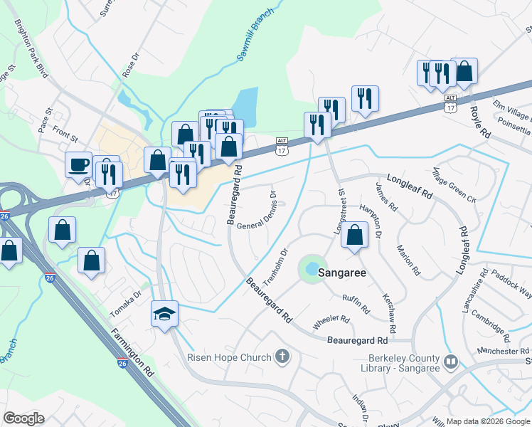 map of restaurants, bars, coffee shops, grocery stores, and more near 107 Pierre Court in Summerville