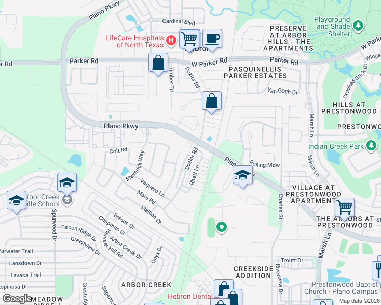 map of restaurants, bars, coffee shops, grocery stores, and more near 4699 Dozier Road in Carrollton