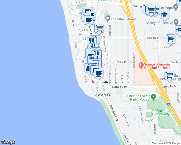map of restaurants, bars, coffee shops, grocery stores, and more near 1012 2nd Street in Encinitas