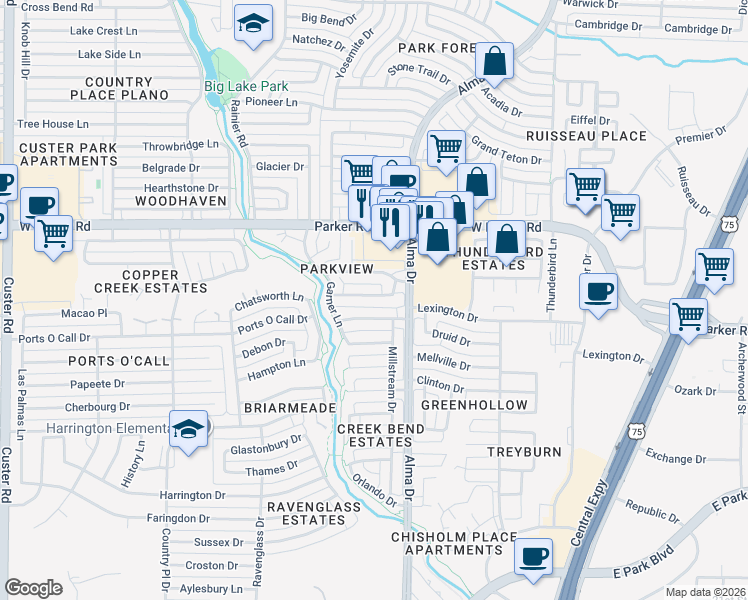 map of restaurants, bars, coffee shops, grocery stores, and more near 1008 Wimbledon Lane in Plano