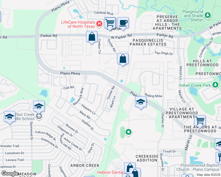 map of restaurants, bars, coffee shops, grocery stores, and more near 4699 Dozier Road in Carrollton