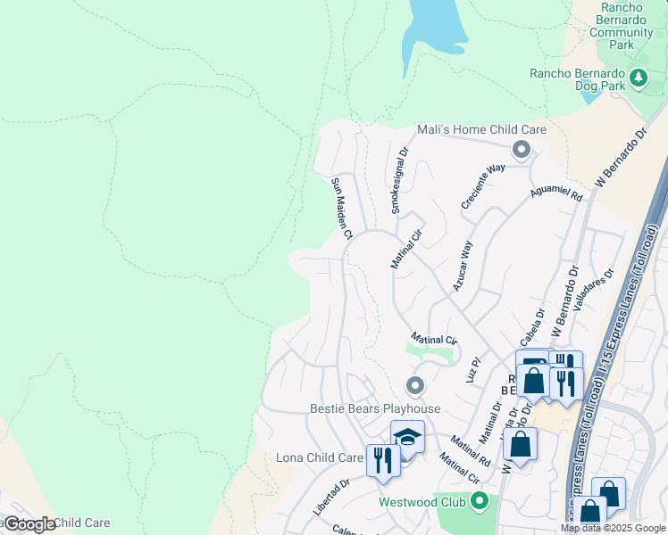 map of restaurants, bars, coffee shops, grocery stores, and more near 18037 Saponi Court in San Diego