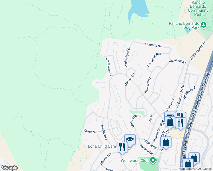 map of restaurants, bars, coffee shops, grocery stores, and more near 11196 Indian Lore Court in San Diego