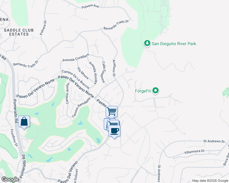 map of restaurants, bars, coffee shops, grocery stores, and more near 13313 Corte De Chucena in San Diego