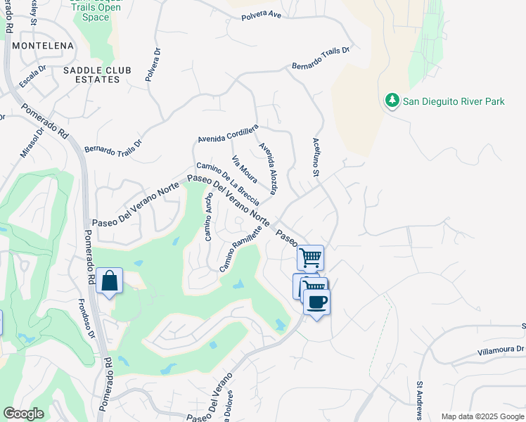 map of restaurants, bars, coffee shops, grocery stores, and more near 17823 Avenida Alozdra in San Diego