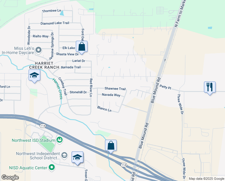 map of restaurants, bars, coffee shops, grocery stores, and more near 2105 Shawnee Trail in Justin