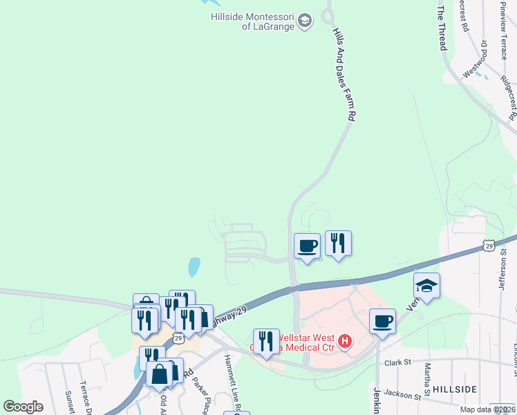 map of restaurants, bars, coffee shops, grocery stores, and more near 108 Silverette Circle in LaGrange
