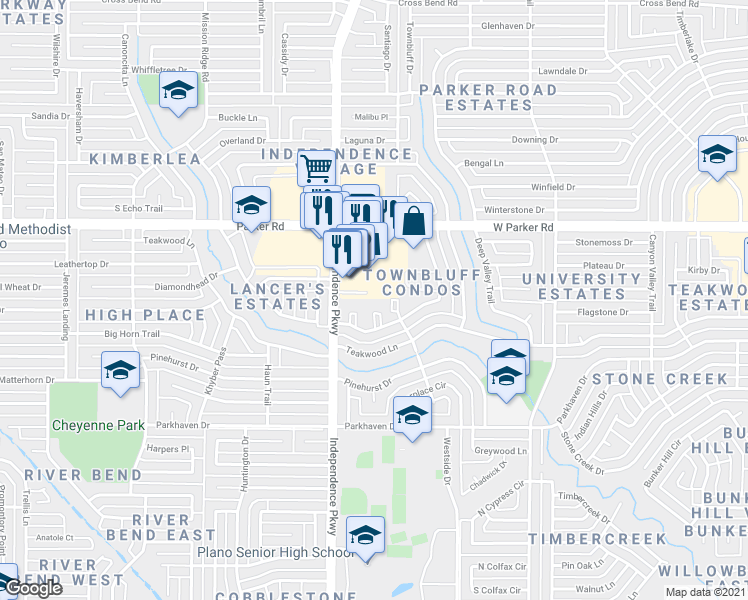 map of restaurants, bars, coffee shops, grocery stores, and more near 3100 Independence Parkway in Plano