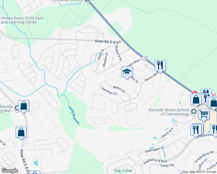 map of restaurants, bars, coffee shops, grocery stores, and more near 264 Hastings Drive in Goose Creek