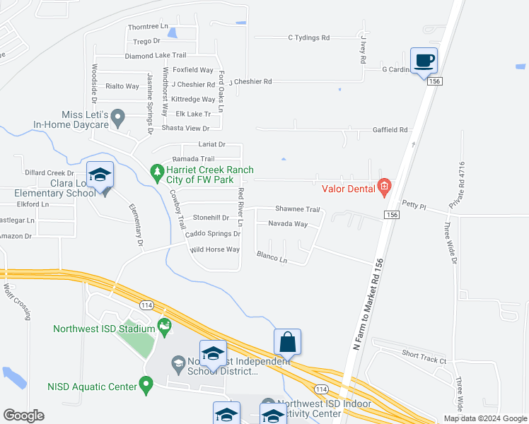 map of restaurants, bars, coffee shops, grocery stores, and more near 2008 Shawnee Trail in Justin