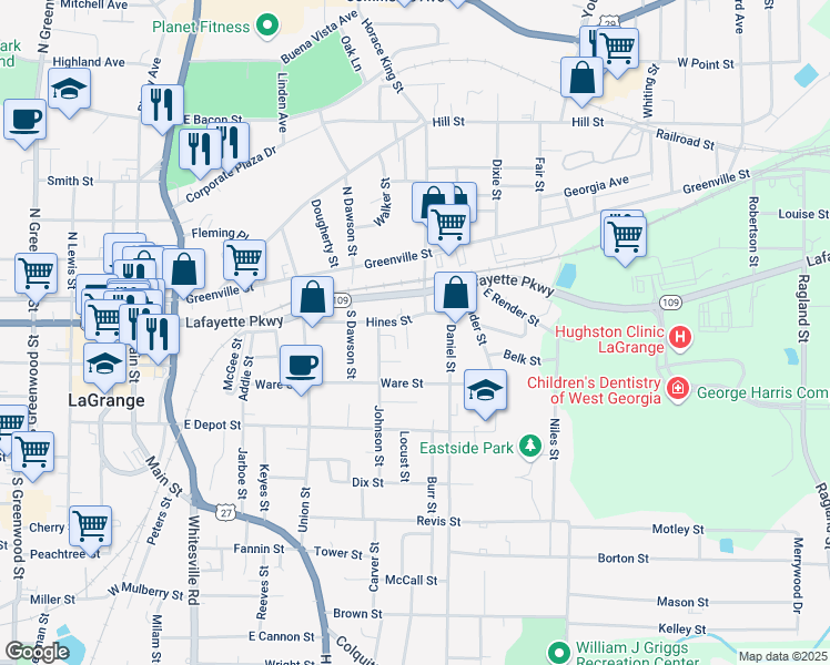 map of restaurants, bars, coffee shops, grocery stores, and more near 612 Hines Street in LaGrange