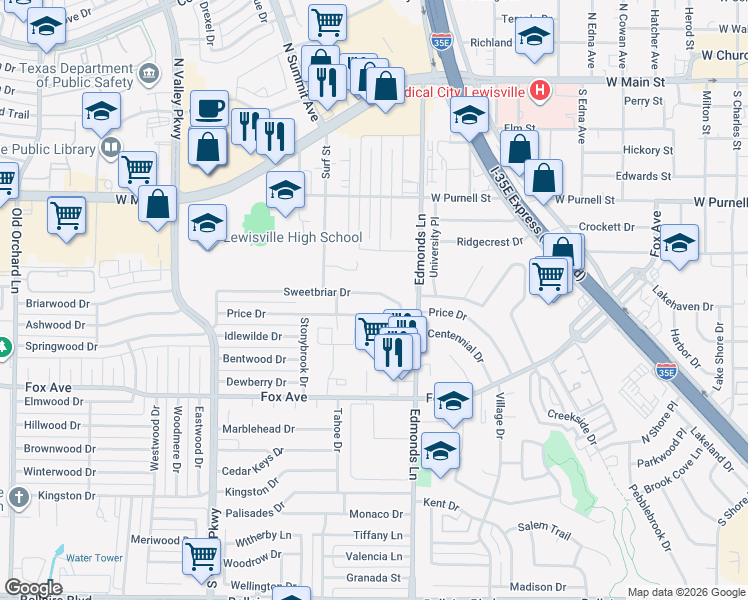 map of restaurants, bars, coffee shops, grocery stores, and more near 443 Sweetbriar Drive in Lewisville